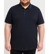 Thumbnail Front view of navy polo shirt with green tipped collar.